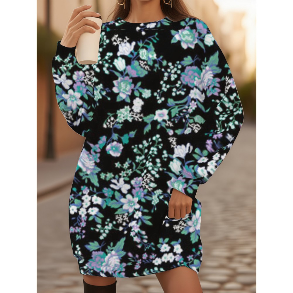 Women's Plus Size 3D All-Over Print Black & Multicolor Tulip Flower Sweatshirt - Soft Retro Loose-Fit Pullover, Round Neck Long Sleeve Winter Warmth, Machine Washable Casual & Semi-Formal Outfits, Vibrant Turquoise/Purple/White/Pink/Black H-Line Sweater