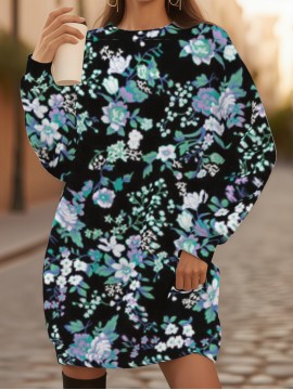 Women's Plus Size 3D All-Over Print Black & Multicolor Tulip Flower Sweatshirt - Soft Retro Loose-Fit Pullover, Round Neck Long Sleeve Winter Warmth, Machine Washable Casual & Semi-Formal Outfits, Vibrant Turquoise/Purple/White/Pink/Black H-Line Sweater