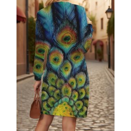 Plus Size Women's 3D Printed Peacock Sweater - Turquoise Turquoise Blue Green Turquoise Yellow Pink Multicolor Oversized H-Line Silhouette, Winter Warm Long Sleeve Crew Neck Casual Pullover, Machine Washable All-Season Blouse (No