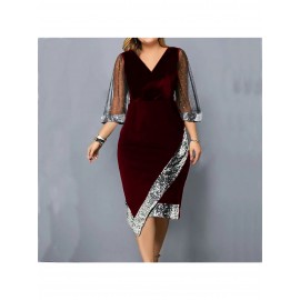 Elegant Velvet Sequined Mesh Dress for Women | Large-Sized, Irregular Pattern, See-Through Design, Perfect for Parties and Weekend Casual