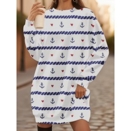 Plus-Size Women'S Nautical Anchor & Rope Print Sweatshirt - 3D All-Over Navy Blue & White Maritime Design, Soft Warm Winter Pullover, Cozy Crewneck Long Sleeve Sweater for Casual Outfits, Machine Washable, Regular Fit Home & Casual Attire