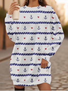 Plus-Size Women'S Nautical Anchor & Rope Print Sweatshirt - 3D All-Over Navy Blue & White Maritime Design, Soft Warm Winter Pullover, Cozy Crewneck Long Sleeve Sweater for Casual Outfits, Machine Washable, Regular Fit Home & Casual Attire