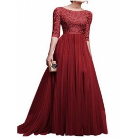 Plus size Women'S Dress | Pure Color Multi-Style Lace Hollow Waist Slim Round Collar Sexy Elegant Explosive Chiffon Evening Dress Long Skirt | Solid Color, Crew Neck, Long Sleeve, Bodycon Silhouette, All-Season