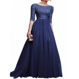 Plus size Women'S Dress | Pure Color Multi-Style Lace Hollow Waist Slim Round Collar Sexy Elegant Explosive Chiffon Evening Dress Long Skirt | Solid Color, Crew Neck, Long Sleeve, Bodycon Silhouette, All-Season