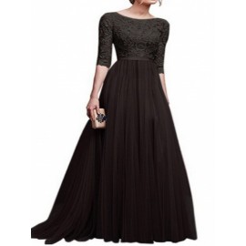 Plus size Women'S Dress | Pure Color Multi-Style Lace Hollow Waist Slim Round Collar Sexy Elegant Explosive Chiffon Evening Dress Long Skirt | Solid Color, Crew Neck, Long Sleeve, Bodycon Silhouette, All-Season