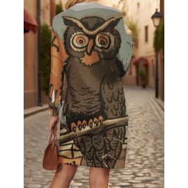 Women' Plus Size 3D Owl Print Sweater Dress - Oversized Loose Fit H-Line Silhouette, Owl Perched on Branches Full-Length Dress Suitable for Winter Parties, Christmas & for Halloween Costumes (Machine Washable)