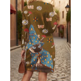 Fashion Up the Ante Ladies Jumper with 3D Mushroom Cat Design | Witch Costume, Bodycon Fit, All Over Print, Slight Stretch Fabric, Perfect for Spring/Summer/Fall, for Halloween