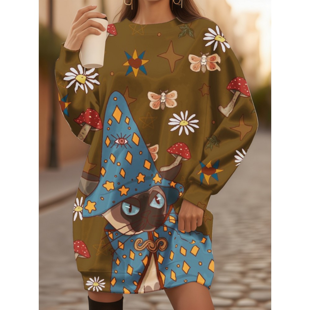 Fashion Up the Ante Ladies Jumper with 3D Mushroom Cat Design | Witch Costume, Bodycon Fit, All Over Print, Slight Stretch Fabric, Perfect for Spring/Summer/Fall, for Halloween