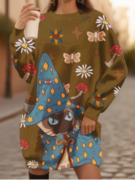 Fashion Up the Ante Ladies Jumper with 3D Mushroom Cat Design | Witch Costume, Bodycon Fit, All Over Print, Slight Stretch Fabric, Perfect for Spring/Summer/Fall, for Halloween