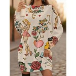 Plus Size Longline Sweatshirt for Women Featuring Vintage Tattoo Designs Like Roses And Hearts. This Machine Washable Pullover Is a Must-Have for Casual Streetwear in Any Season, Offering Retro Style And Easy Maintenance