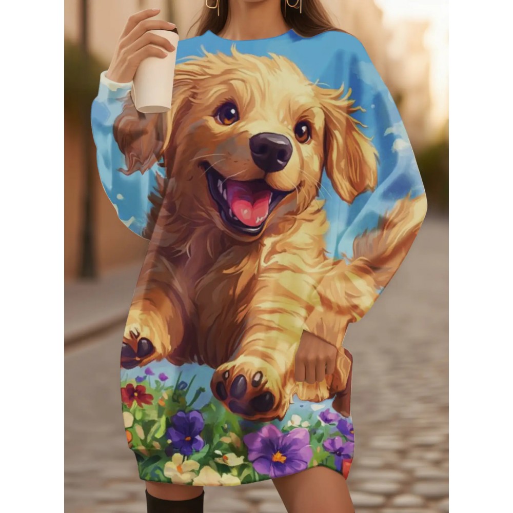 Plus Size Women'S 3D Printed Golden Retriever Puppy & Floral Sweatshirt - All-Over Print Cozy Winter Warm Pullover, Loose H-Line Fit Crew Neck Sweater with Cute Dog Lover Design, Machine Washable Casual Sweater for Fall/Winter Outfits