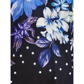 Women'S Plus Size Floral Print V-Neck Mini Dress - Casual Colorblock Design with Short Sleeves, Stretchy Polyester Blend, Perfect for Spring & Summer Outings, Floral Print Dress