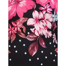 Women'S Plus Size Floral Print V-Neck Mini Dress - Casual Colorblock Design with Short Sleeves, Stretchy Polyester Blend, Perfect for Spring & Summer Outings, Floral Print Dress