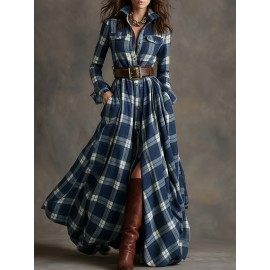 Large Size Women'S New Retro Plaid Casual Flip Tie Belt Dress | SCACTO Peplum Style with Medium Stretch Fabric, Lapel Collar, Ideal for Fall/Winter