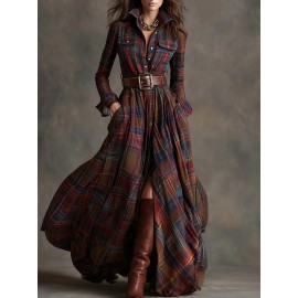 Large Size Women'S New Retro Plaid Casual Flip Tie Belt Dress | SCACTO Peplum Style with Medium Stretch Fabric, Lapel Collar, Ideal for Fall/Winter