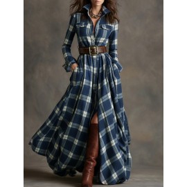 Large Size Women'S New Retro Plaid Casual Flip Tie Belt Dress | SCACTO Peplum Style with Medium Stretch Fabric, Lapel Collar, Ideal for Fall/Winter
