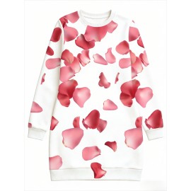Plus Size Women'S Autumn Winter Hoodie Bodycon Dress | White Base with Pink Rose Petal Scattered Pattern, Sweet Romantic Style, Slim Fit, Long Sleeve, Pullover, Midi Length, Crew Neck, Casual Date Versatile Comfortable