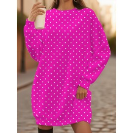 Women's Plus Size Long Sweatshirt Dress - Vibrant Pink Polka Full-Body Print Sweater, Loose Fit Winter Pullover Dress, Machine Washable Cozy Fall & Winter Outfits, Casual Sweater Dress for Casual Attire (No separate bottom needed)