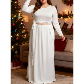 Plus Size Maxi Dress with Cutout Waist & Tie Front - Elegant Long Sleeve Wrap Front Evening Gown, Fit and Flare -Line Dress Suitable for Weddings, Parties, Prom - Solid Color Dress with Crew Neck & Slight Stretch Fabric