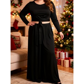 Plus Size Maxi Dress with Cutout Waist & Tie Front - Elegant Long Sleeve Wrap Front Evening Gown, Fit and Flare -Line Dress Suitable for Weddings, Parties, Prom - Solid Color Dress with Crew Neck & Slight Stretch Fabric