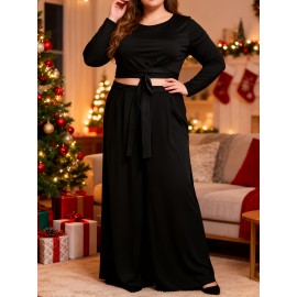 Plus Size Maxi Dress with Cutout Waist & Tie Front - Elegant Long Sleeve Wrap Front Evening Gown, Fit and Flare -Line Dress Suitable for Weddings, Parties, Prom - Solid Color Dress with Crew Neck & Slight Stretch Fabric