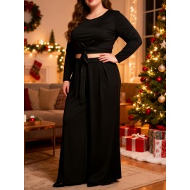 Plus Size Maxi Dress with Cutout Waist & Tie Front - Elegant Long Sleeve Wrap Front Evening Gown, Fit and Flare -Line Dress Suitable for Weddings, Parties, Prom - Solid Color Dress with Crew Neck & Slight Stretch Fabric