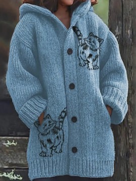 Plus Size Women'S Oversized Loose Fit Hooded Sweater Jacket - Cozy Winter Warm Coat with Print & V-Neck, Full-Zip Front Closure, Machine Washable Casual Outerwear for Curvy Women, Plus Size Sweater Coat for Fall and Winter, Sweaters for Women