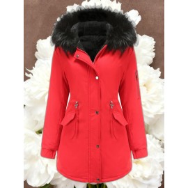 Women'S Solid Color Mid Length Hooded Winter Warm Plus Fleece Coat | Plus Size XL-5XL Windbreakers for Female, Casual Style with Zipper Front, Long Sleeve, Hooded, Non-Stretch Fabric for Outdoor Travel, Commuting, Everyday Jackets, Parka, Cardigan