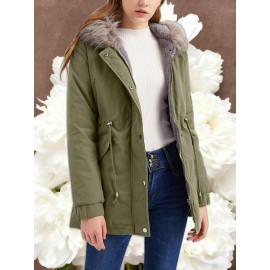 Women'S Solid Color Mid Length Hooded Winter Warm Plus Fleece Coat | Plus Size XL-5XL Windbreakers for Female, Casual Style with Zipper Front, Long Sleeve, Hooded, Non-Stretch Fabric for Outdoor Travel, Commuting, Everyday Jackets, Parka, Cardigan