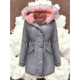 Women'S Solid Color Mid Length Hooded Winter Warm Plus Fleece Coat | Plus Size XL-5XL Windbreakers for Female, Casual Style with Zipper Front, Long Sleeve, Hooded, Non-Stretch Fabric for Outdoor Travel, Commuting, Everyday Jackets, Parka, Cardigan