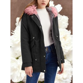 Women'S Solid Color Mid Length Hooded Winter Warm Plus Fleece Coat | Plus Size XL-5XL Windbreakers for Female, Casual Style with Zipper Front, Long Sleeve, Hooded, Non-Stretch Fabric for Outdoor Travel, Commuting, Everyday Jackets, Parka, Cardigan