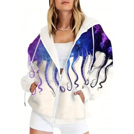 Women'S Plus Size Hooded Zip-Up Sweatshirt - Neon Blue & Purple Starry Sky Octopus Tentacle Print, Soft Medium Stretch Fabric, Drawstring Hood & Pockets, Machine Washable Casual Outerwear For Autumn/winter, Versatile Layering Piece