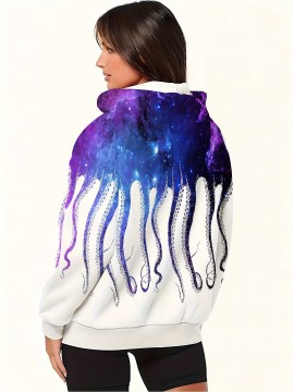 Women'S Plus Size Hooded Zip-Up Sweatshirt - Neon Blue & Purple Starry Sky Octopus Tentacle Print, Soft Medium Stretch Fabric, Drawstring Hood & Pockets, Machine Washable Casual Outerwear For Autumn/winter, Versatile Layering Piece