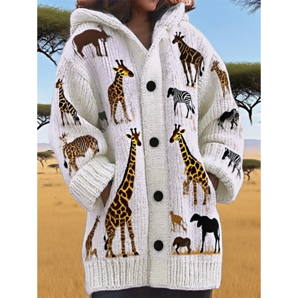 Women's Oversized Long Hooded Sweater with African Wildlife Print (Giraffe//Wildebeest) - Button-Front Hood, Warm Winter Coat for Christmas, Halloween Costumes & Safari Parties - Machine Washable Loose Fit Jacket