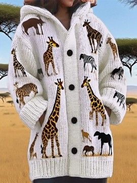 Women's Oversized Long Hooded Sweater with African Wildlife Print (Giraffe//Wildebeest) - Button-Front Hood, Warm Winter Coat for Christmas, Halloween Costumes & Safari Parties - Machine Washable Loose Fit Jacket