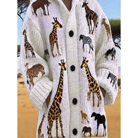 Women's Oversized Long Hooded Sweater with African Wildlife Print (Giraffe//Wildebeest) - Button-Front Hood, Warm Winter Coat for Christmas, Halloween Costumes & Safari Parties - Machine Washable Loose Fit Jacket