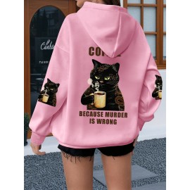 Plus Size Women'S Oversized Hoodie with Whimsical Cat & Coffee Print - Lightweight Pullover, with Golden Lettering & Cat Design, Kangaroo Pocket & Drawstring Hood, Machine Washable Casual Sweatshirt for Casual Attire, Cozy All-Season (Cat Lovers Gif