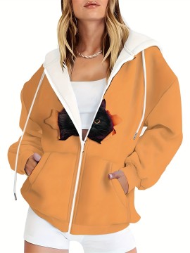 Women's Plus Size Oversized Hooded Zip-Up Jacket with 3D Black Cat Print - Soft Stretchy Full-Zip Coat, Brown with Black Cat Design, Cozy Hood & Front Zipper Closure, Machine Washable Casual Outerwear for Cat Lovers (Spring/Fall/Winter)