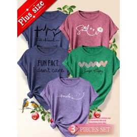 5pcs Plus Size Women's Short Sleeve T-Shirts - Funny & Cute Heart & Joyful Face Print Blouses, Casual Crew Neck Breathable Tops for Spring Summer Casual Attire, Office & Vacation Outfits - 1XL-5XL (5-Shirt) Year-Round Casual