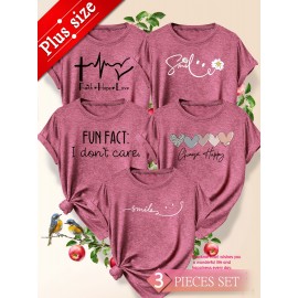 5pcs Plus Size Women's Short Sleeve T-Shirts - Funny & Cute Heart & Joyful Face Print Blouses, Casual Crew Neck Breathable Tops for Spring Summer Casual Attire, Office & Vacation Outfits - 1XL-5XL (5-Shirt) Year-Round Casual