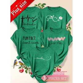 5pcs Plus Size Women's Short Sleeve T-Shirts - Funny & Cute Heart & Joyful Face Print Blouses, Casual Crew Neck Breathable Tops for Spring Summer Casual Attire, Office & Vacation Outfits - 1XL-5XL (5-Shirt) Year-Round Casual
