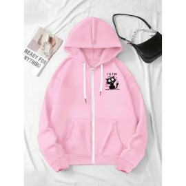 Women's 'I'm Fine, Everything's Fine' Letter and Cat Print Hooded Zipper Jacket- Long Sleeve Casual Sportswear with Pockets, Machine Washable, Bright Pink for Autumn and Winter