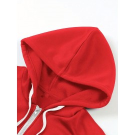 Women's 'I'm Fine, Everything's Fine' Letter and Cat Print Hooded Zipper Jacket- Long Sleeve Casual Sportswear with Pockets, Machine Washable, Bright Pink for Autumn and Winter