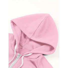 Women's 'I'm Fine, Everything's Fine' Letter and Cat Print Hooded Zipper Jacket- Long Sleeve Casual Sportswear with Pockets, Machine Washable, Bright Pink for Autumn and Winter
