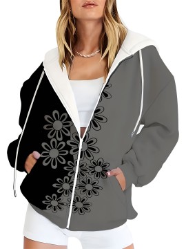 This Women'S Zip-Up Hoodie Features a Two-Tone Design with an Adjustable Drawstring, Floral Patterns, And Is Made from Mid-Stretch Fabric That Is Both Machine Washable And Breathable. It'S a Must-Have for Casual Wear in Spring And Fall