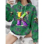Plus Size Women'S Mardi Gras Mask and Crown Letter K Full Printed Hoodie | Cute Style with Pocket, Hooded, Pullover, Slight Stretch Fabric, Regular Sleeve and Length for Party and Casual Wear
