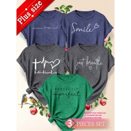 5pcs Plus Size Women'S Tops | Courage Heartbeat Just Breathe Pattern Print, Literary Style, Casual Versatile Round Neck, Comfortable Breathable, Oversized Loose Fit, 1XL-5XL Size
