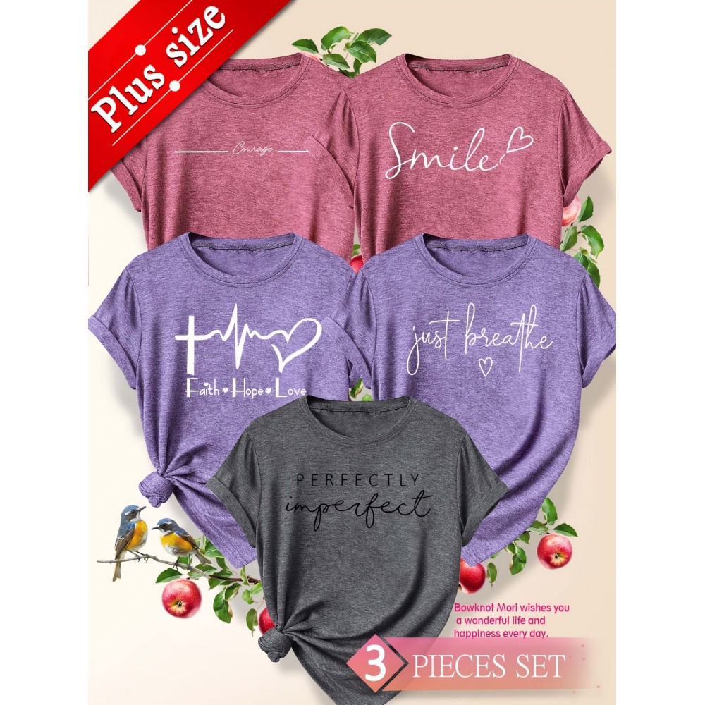 5pcs Plus Size Women'S Tops | Courage Heartbeat Just Breathe Pattern Print, Literary Style, Casual Versatile Round Neck, Comfortable Breathable, Oversized Loose Fit, 1XL-5XL Size