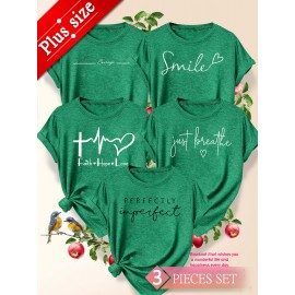 5pcs Plus Size Women'S Tops | Courage Heartbeat Just Breathe Pattern Print, Literary Style, Casual Versatile Round Neck, Comfortable Breathable, Oversized Loose Fit, 1XL-5XL Size