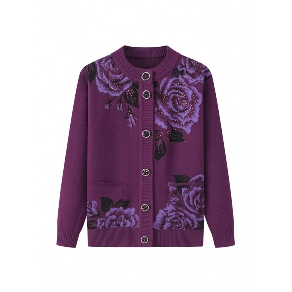 Middle-aged and Elderly Fleece Cardigan | Thick Jacket for Moms, Autumn and Winter Warm Elderly Clothing, Comfortable and Soft, Regular Length, Crew Neck, Button Details, Casual Style